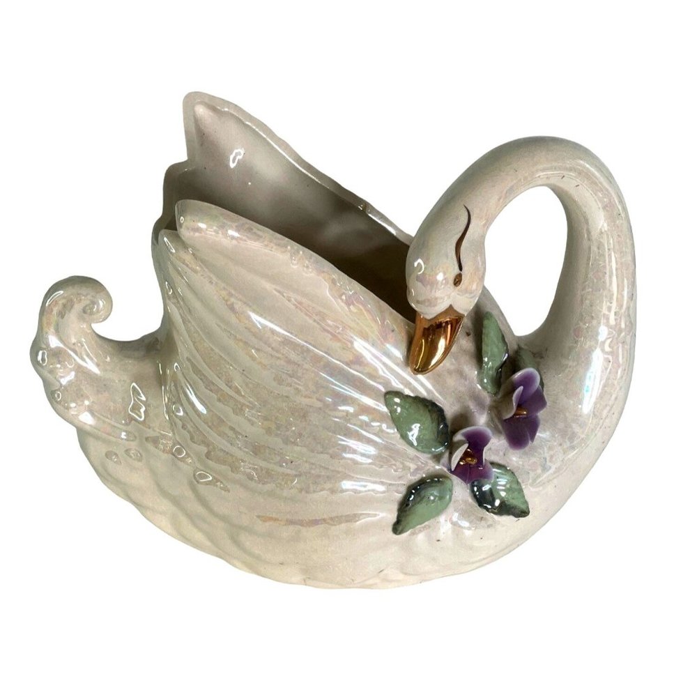 Swan Planter Vase Lusterware Figurine Norcrest Iridescent Opalescent 8.5" x 7"